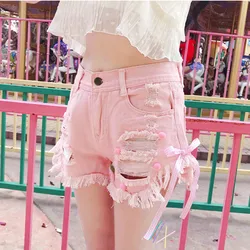 Summer Kawaii Junior's Denim Shorts Women Korea Hollow Out Short Shorts Ins Pink White Bow Jeans Feminino Casual Hole Bottoms