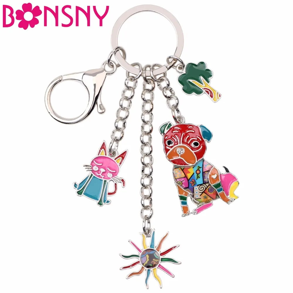 

Bonsny Enamel Metal Cat Sunflower Cabbage Pug Dog Hangs Key Chain Key Ring For Women Man Keychain New Trendy Jewelry Accessories