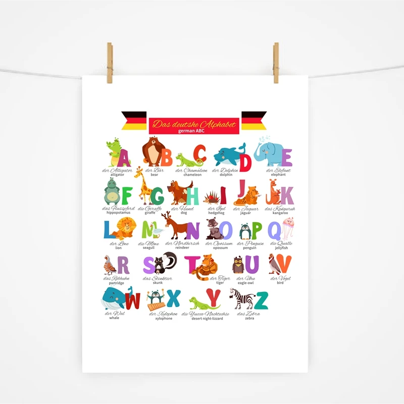 German Alphabet with Animals Nursery Wall Art Canvas Painting Education Poster Foreign Language Study Print Kids Room Art Decor