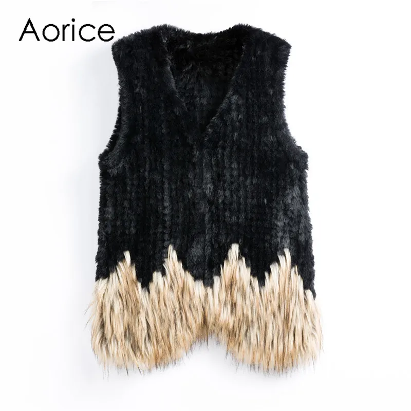 

Aorice FF904 New Knit Faux Fur Vest Coat Women's Imitate Rabbit Fur Jacket Winter Warm Stitching Color Casual Outwear Overcoat