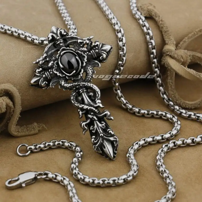 

316L Stainless Steel Dragon Twine Sword Cross Pendant Black CZ Fashion Biker Punk Style AJ03 Steel Necklace 24inch