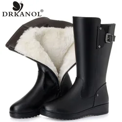 DRKANOL Natural Wool Fur Warm Snow Boots Women Winter Flats Mid Calf Boots Genuine Leather Waterproof Boots Black Big Size 35-43