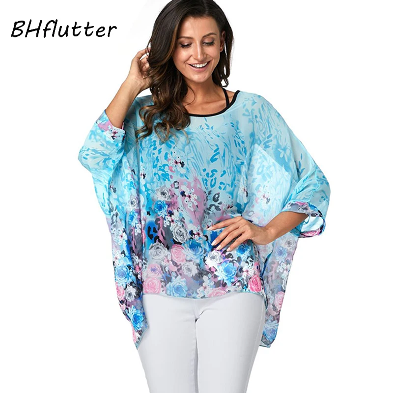 Bhflutter blusa feminina plus size 2019, novo estilo batwing blusa casual de verão, camisa feminina boho camisas de chiffon, tops femme