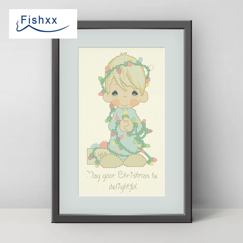 Fishxx Cross Stitch 14CT Kit European style children's bedroom paintings H125 Christmas night prayer little boy