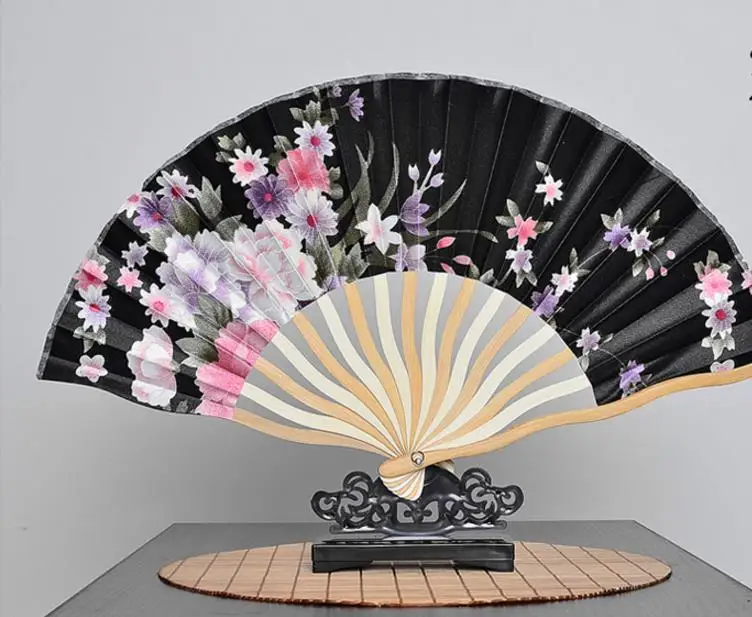 21cm Portable Japanese Style Satin Fabric Ladies Hand Held Folding Fan Crooked Bamboo Fan Party Favor