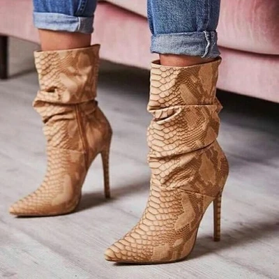 

Spring New Women Sexy Python Snake Skin Pointed Toe Stiletto Heels Mid-calf Short Boots Fold Rome Style Lady Botas Party Booties