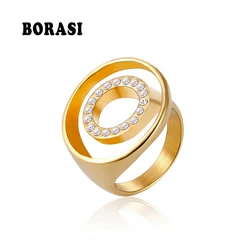 BORASI Top Quality Crystal Round Rings For Women Gold Color Stainless Steel Female Jewelry Ring Classic Brand Ring Party Gifts