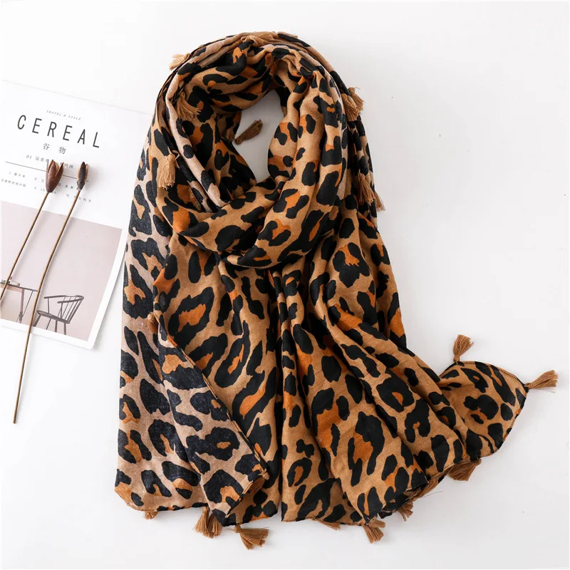 2025 herbst Winter Leopard Dot Quaste Viskose Schal Schal Frauen Drucken Halstuch Snood Luxus Marke Foulards Moslemisches Hijab Sjaal – Detail 19