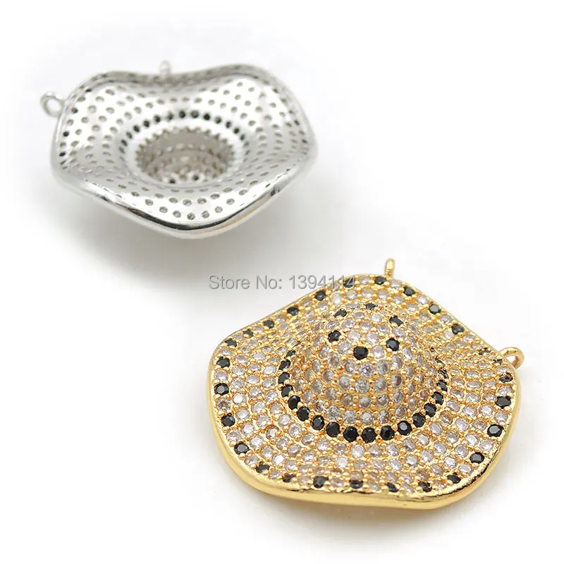 25*25*10mm Micro Pave Black&Clear CZ Wavy Brim Hat Charm Of Double Circles Fit For Women As Necklaces Accessory