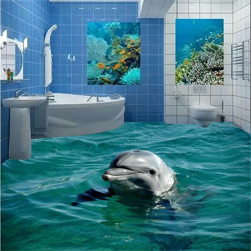 

beibehang Custom Floor 3D Bathroom Cute Dolphin Underwater World Living Room Bedroom Self-adhesive Floor Mural painting sticker