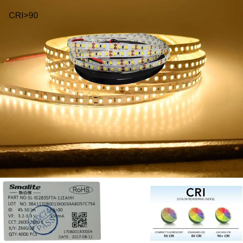 3Years Guarantee CRI 90+Ra  Ruban 12V  LED  Strip Lights 2835 Warm White 120leds Per Meter 8MM PCB  Non-waterproof