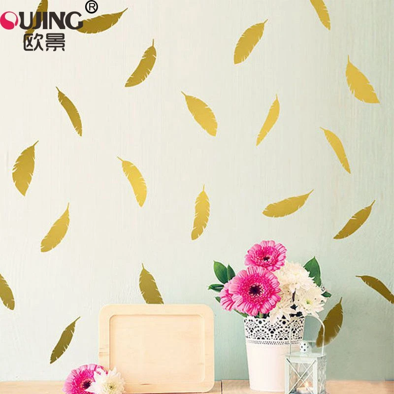 12pcs/lot Cartoon Gold Feather Shape Wall Stickers For Kids Baby Rooms Self-adhesive Feather Wallpaper Vinyl Art DIY Wall Decals