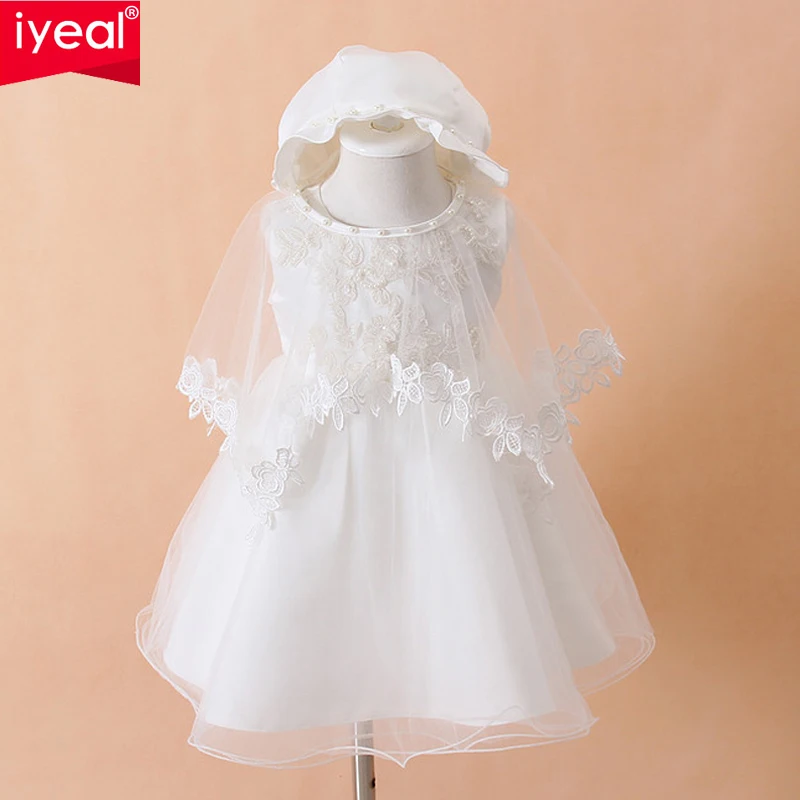 

IYEAL Newborn Baby Christening Gown Infant Girl's White Princess Lace Baptism Dress Toddler Baby Girl Chiffon Dresses 3pcs/set