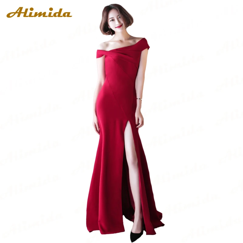 

ALIMIDA Satin Evening Dress Long 2020 Elegant Party Dresses Front Split Sexy Prom Dress Backless Custom Size robe de soiree