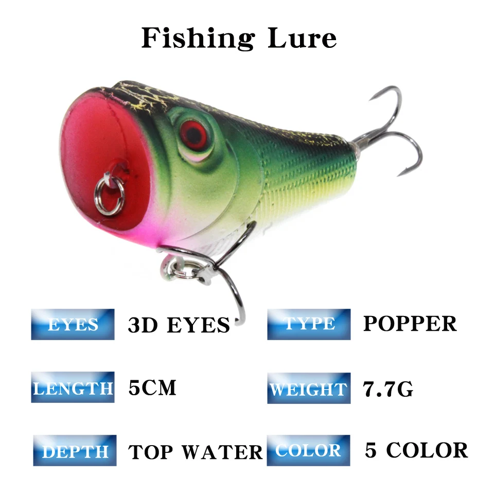 New Arrival 1pcs Fishing Lures High Quality Popper Plastic Fishing Tackle 5 Colors Available 5CM/8G Hard Baits 6# Hooks 3D Eyes