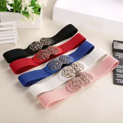 Hot Women Wide Waist Belt Vintage Metal Flower Elastic Stretch Buckle Waistband Cummerbunds