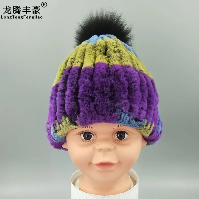 

New Winter Warm Children Kids Girls Rex Rabbit Fur Hat Pompom Fox Fur Ball Rabbit Fur Hats Elastic Warm Knitted Fur Hat Caps