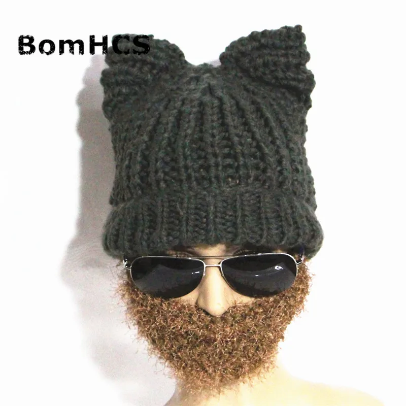 BomHCS 100% Handmade Knitted Beanie Cat Ears Pussy Cat Hat with Beard Warm Mask Cap