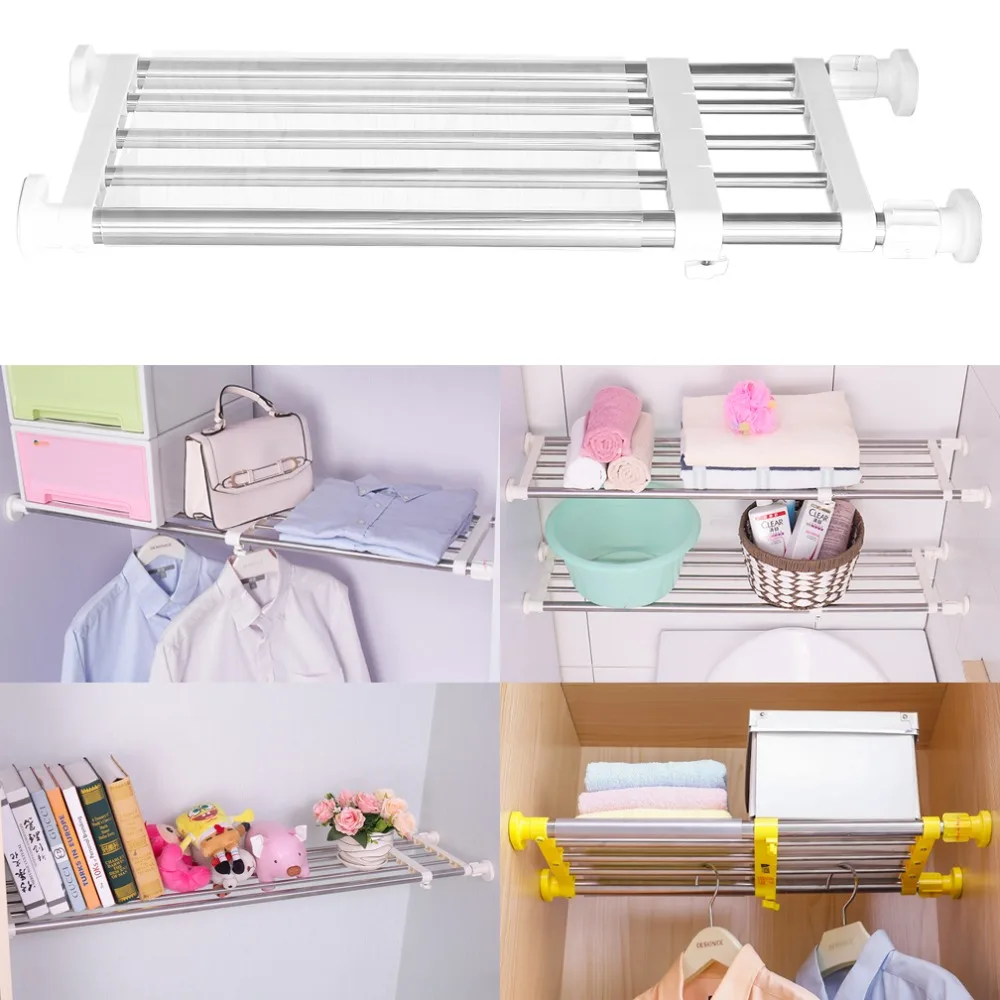 Adjustable Closet Tension Shelf Wardrobe Storage Rack Space Saver Kitchen Cabinet Organizer Holder Telescopic  Clapboard DQ0778