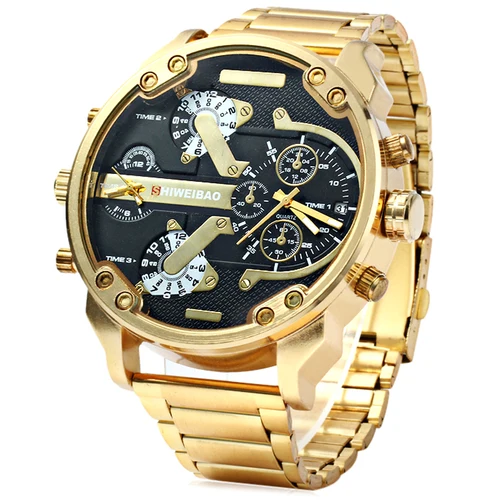 Reloj grande para hombre, correa de reloj de acero dorado de lujo, relojes de cuarzo para hombre, reloj militar de doble zona horaria, reloj informal para hombre