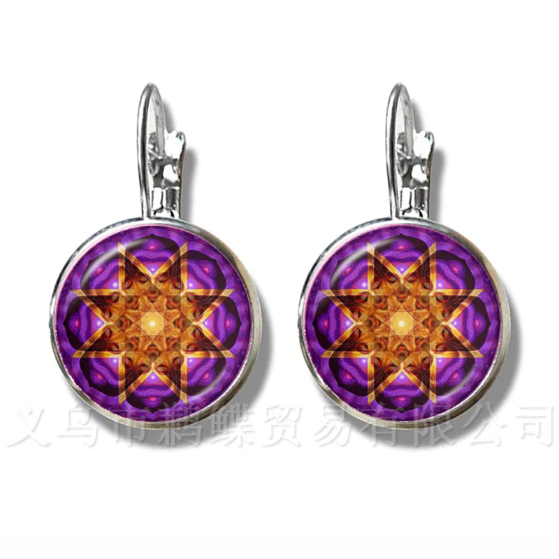 2018 Life Earrings Fashion OM Yoga Chakra Mandala Glass Jewels Sacred Geometric Purple Flower Silver Plated Stud Earrings