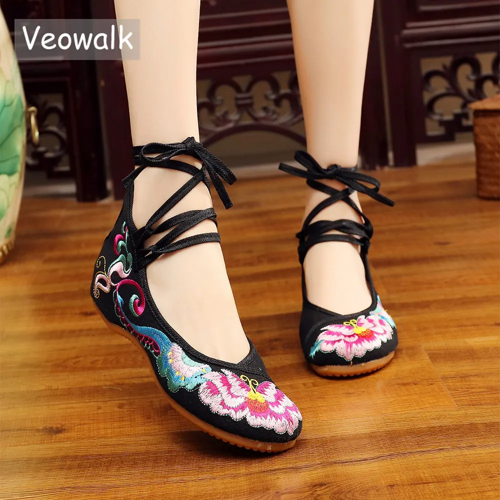 Veowalk Chinese Style Women Ankle Strap Cotton Ballet Flats Floral Embroidery Retro Ladies Soft Canvas Shoes zapatos mujer