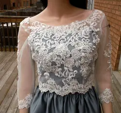 Mulheres nova nupcial boleros laço applique casamento jaquetas scoop neck 3/4 mangas botão fechar v volta jaqueta feita sob encomenda