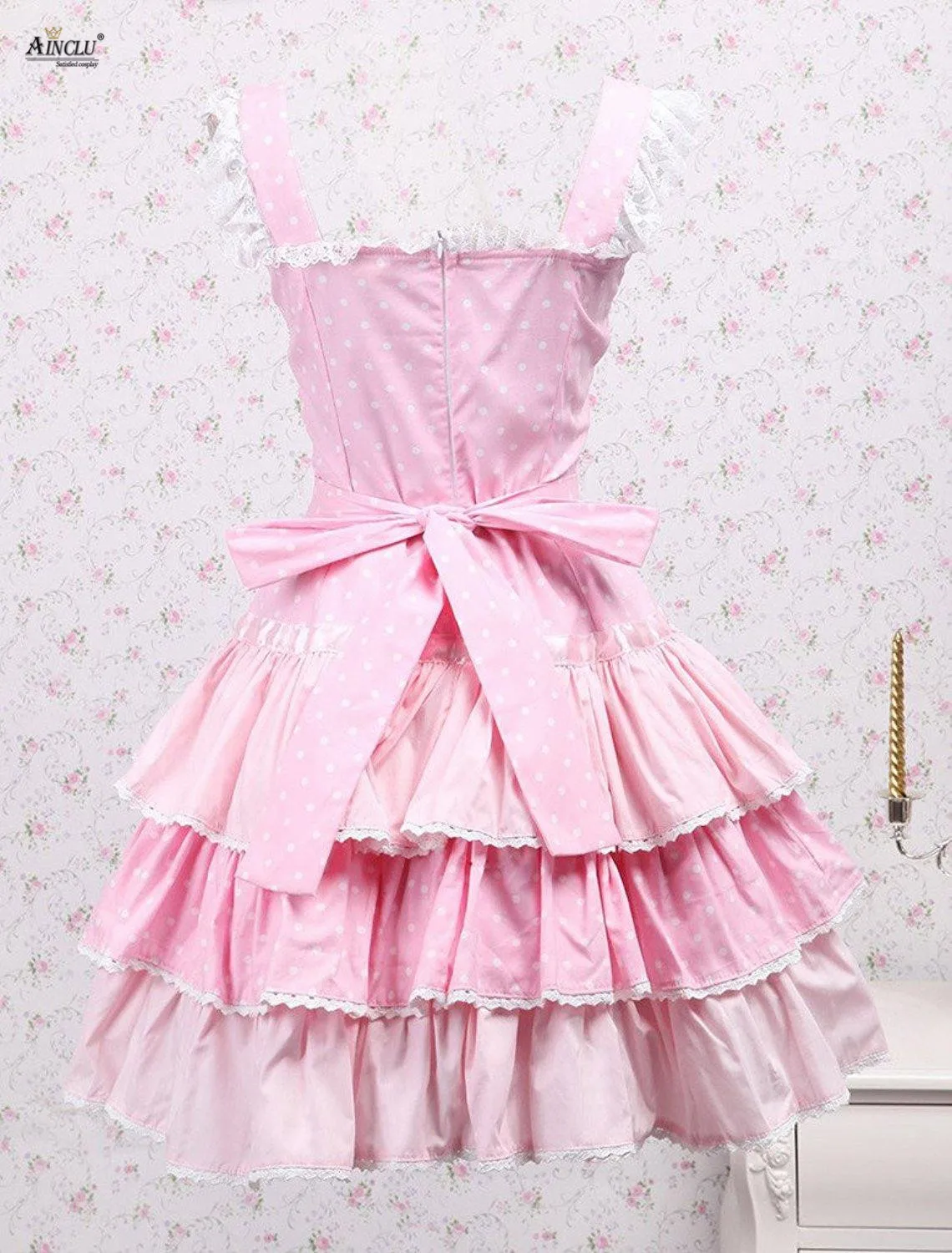 Spring/Summer Ainclu Cemavin Cotton Pink Lace Front Ties White Lacy Bow Sweet Cute Lolita Casual Party Sling Dress Free Shipping