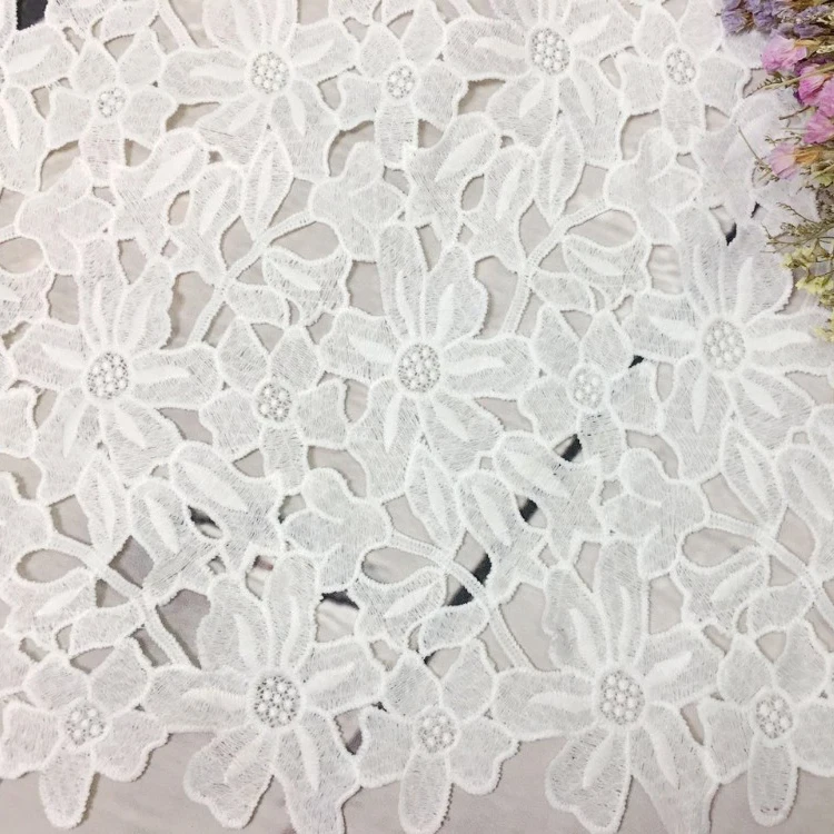 1yd White Leaf Pattern Water Soluble Embroidery High Quality African Guipure Cord Lace Fabric For Nigerian Wedding Party Dresses