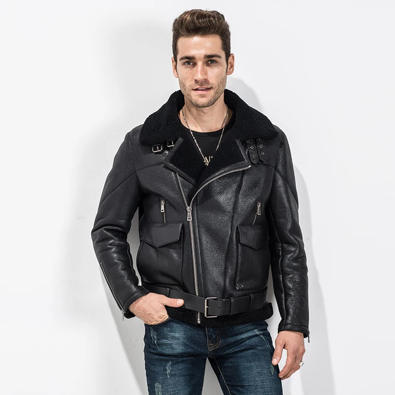 

Men's Shearling Coat Lambskin Aviator Jacket B-3 Bomber Leather Overcoat Fashion Motorcycle Outerwear