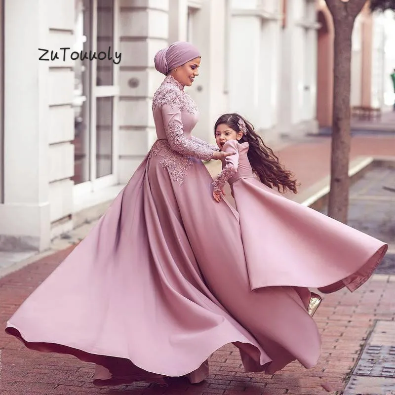 Arabic Dubai Jumpsuit Evening Dresses With Detachable Train Dusty Pink Muslim Prom Dress Long Sleeve High Neck Party Customized