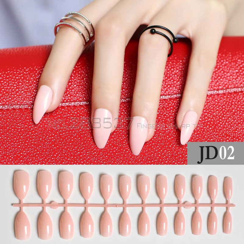 New Shrimp powder full cover Fake short stiletto nails Pink 24pcs mountain peak Designs Comfortable Pure colour False nails JD02