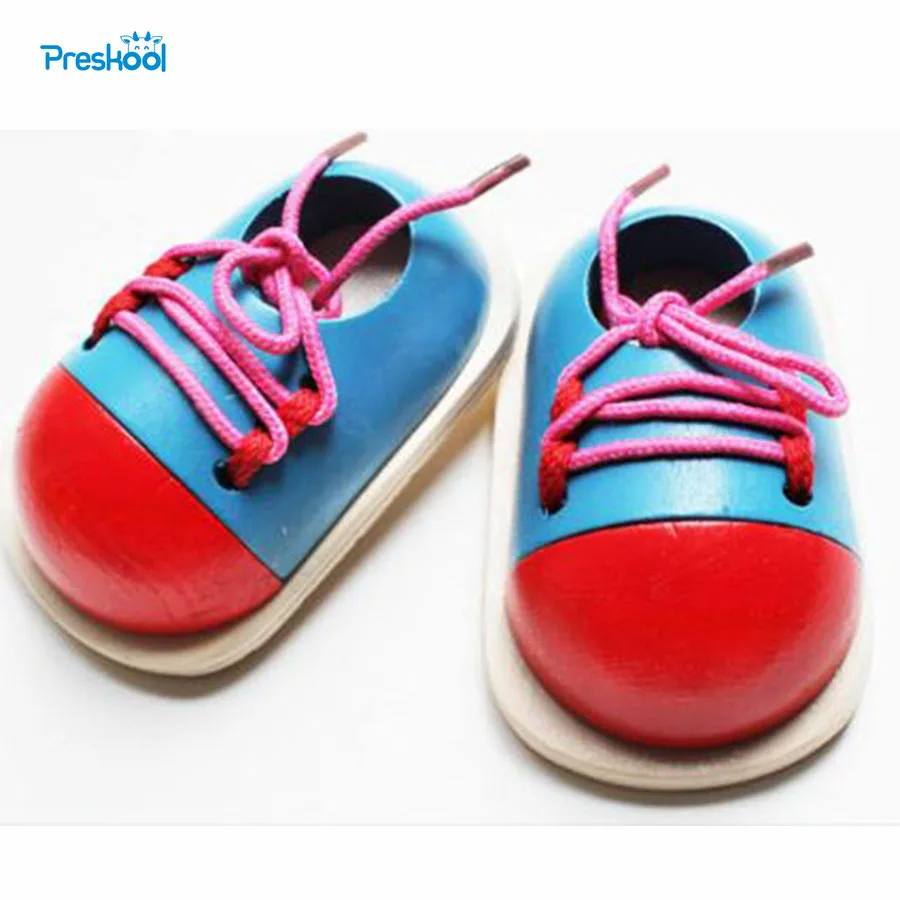 Montessori Kids Toy Baby Pretend Shoes Lacing-up Wooden Toys Learning Educational Preschool Training Brinquedos Juguets