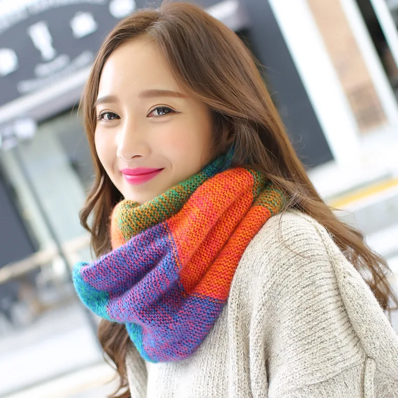 Knit Infinity Loop Scarf Winter Women Fashion ring Circle Collar Plaid Mohair Neck Warmer