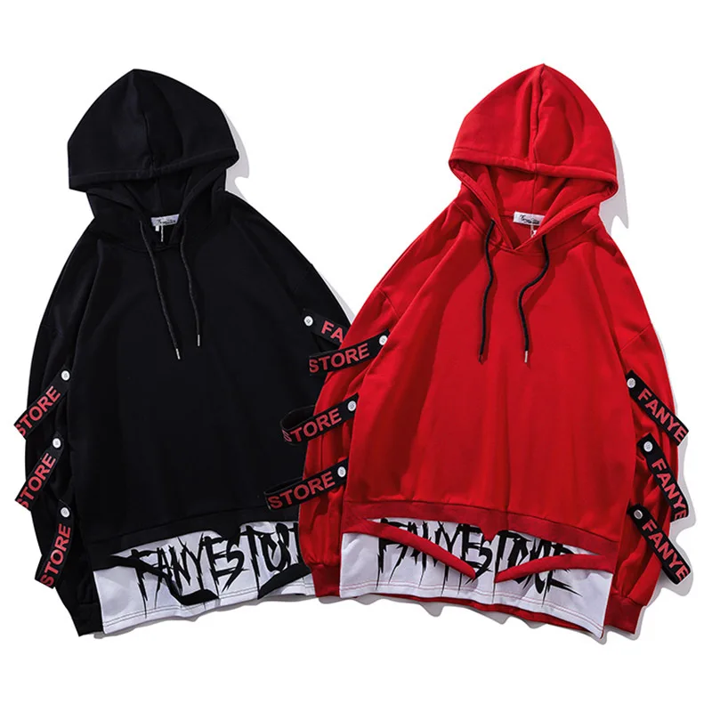 Hoodies Men Fake 2 Pieces Ribbons Hooded High Street Pullover Sweatshirt Men Fashion Hip Hop Streetwear Hoodie Spring Autumn