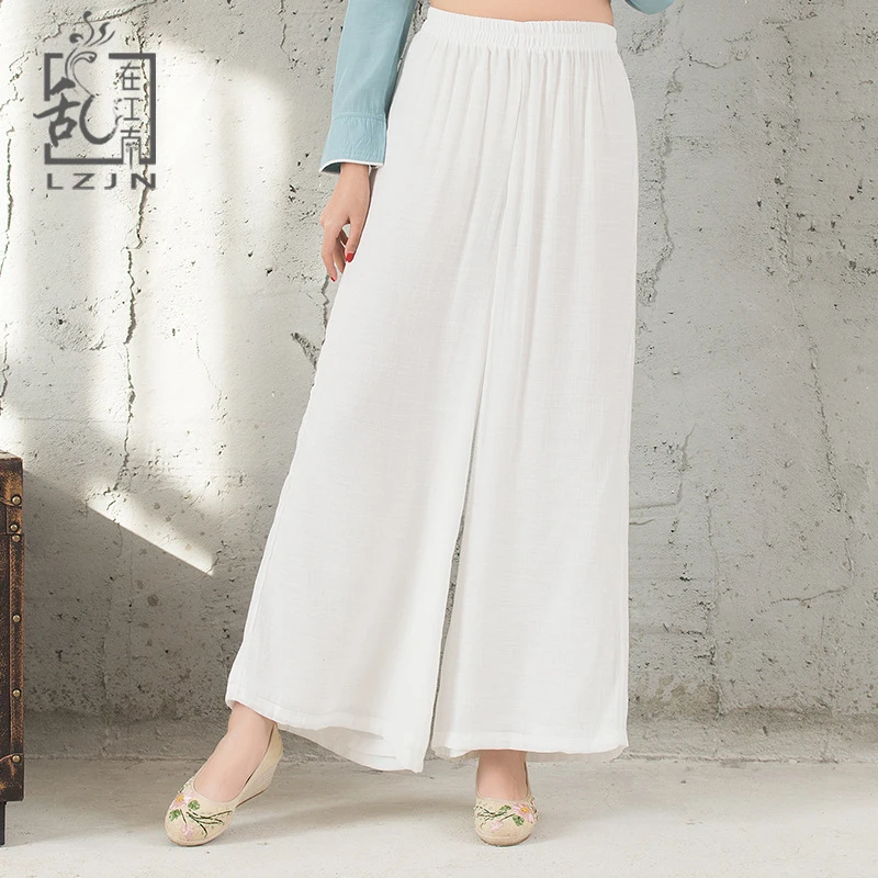 LZJN Women White Wide Leg Pants 2020 Summer Long Trousers Elastic Waist Cotton Linen Light Green Pants Loose Thin Bottoms