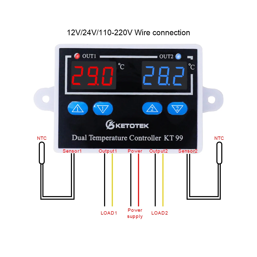 KT99 Dual Digital Thermostat Heating Cooling Temperature Controller 12V 24V 110-220V 10A Direct Output for Incubator