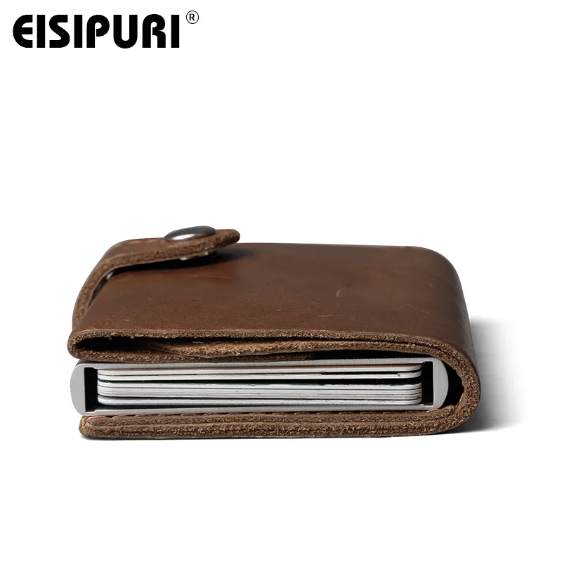 Men Prevents RFID information leakage 100% Genuine leather mini wallet safe Multifunction Aluminum Automatic Pop Up Card