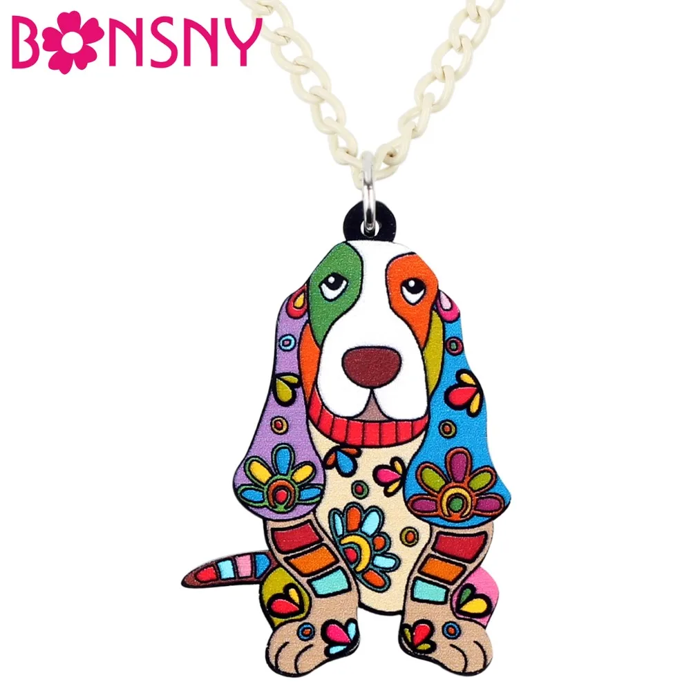 Bonsny Acrylic Cartoon Floral Basset Hound Dog Necklace Pendant Chain Choker Cute Animal Jewelry For Women Girls Pet Lovers Gift