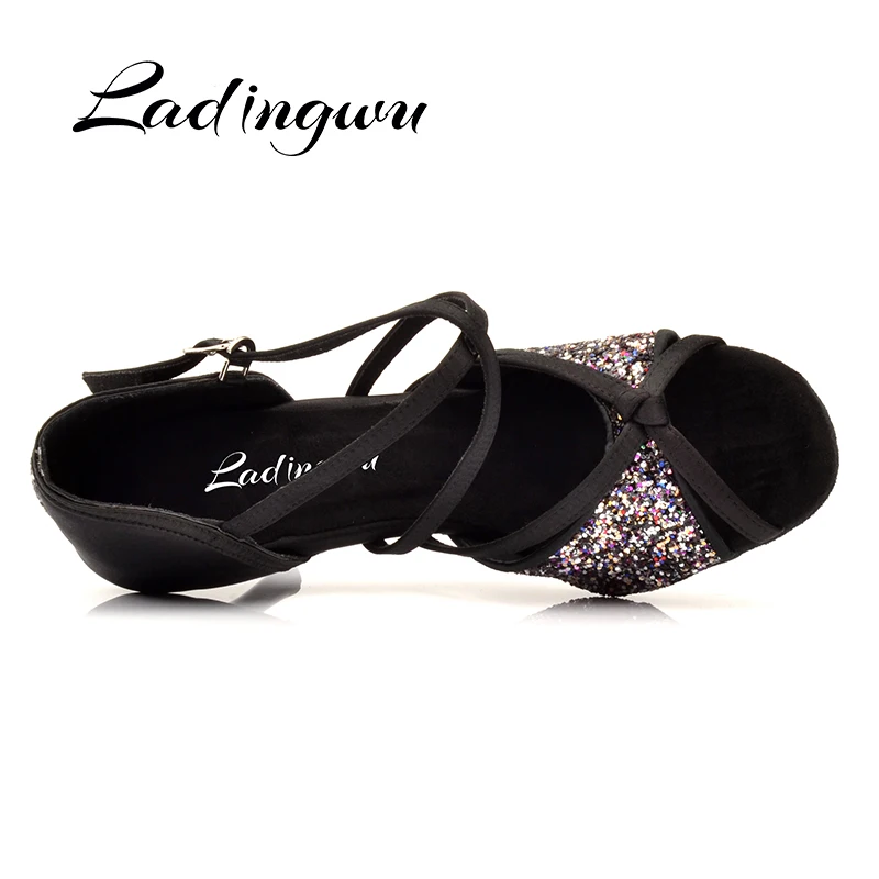 Ladingwu New Women\'s Dance Shoes Black Satin And Glitter Latin Dancing Shoes Salsa Soft Bottom Ballroom Dance Shoes Custom 8.5cm