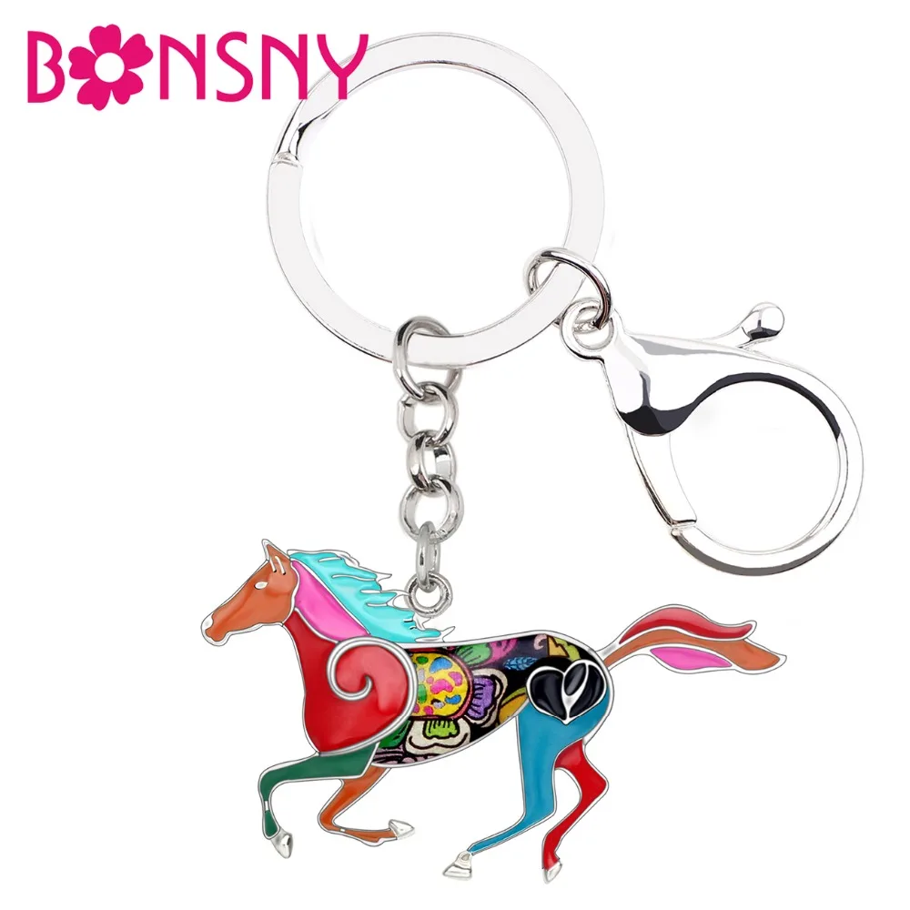 Bonsny Statement Metal Elegant Running Horse Key Chain Keychain Rings Fashion Animal Alloy Jewelry For Women Girl Bag Car Charms