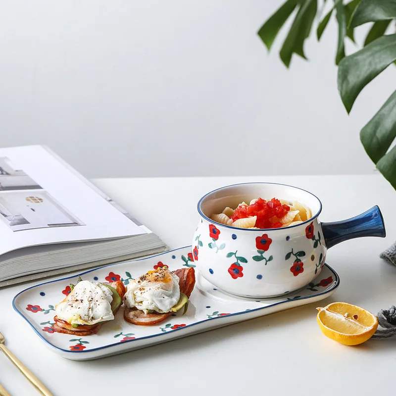 Hand-painted Floral Plate Set, Japanese Breakfast Separation Dinnerware Set,  Ceramic Oatmeal Bowl, Milk Mug, Food Tray