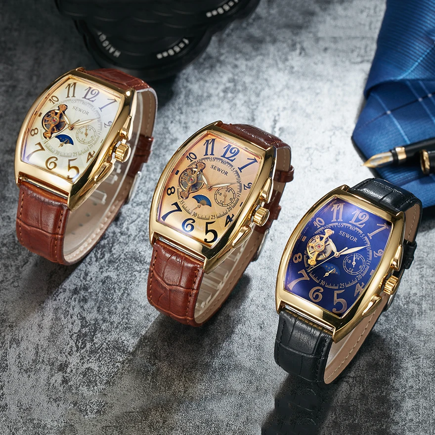 Luxury Automatic Watches Men Moon Phase Skeleton Retro Self Winding Wristwatch Male Gold Case Male Clock Leather Watches relogio