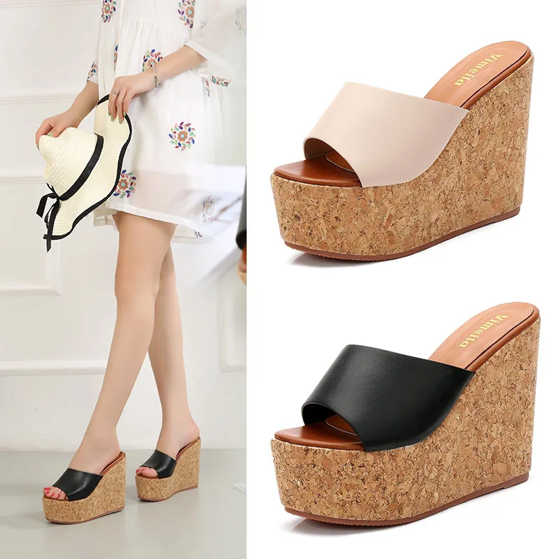 2023 Summer Women 13cm High Heels Sandals 7cm Platform Wedges Hemp Mules Luxury Slipper Slides Female Leather Beach Dress Shoes