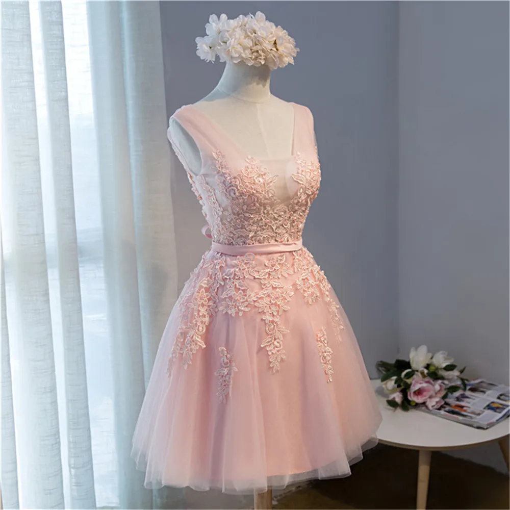 Vestidos de Fiesta Rosa cortos 2019 elegante línea A doble cuello en V sin mangas apliques de encaje vestido de graduación vestidos de gala