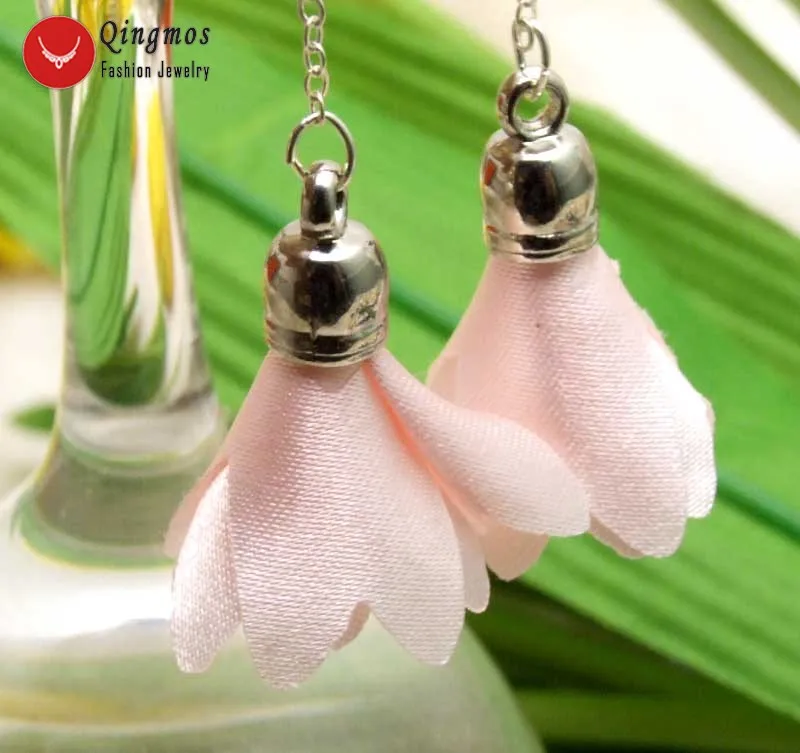 Qingmos Trendy Light Pink Silk Flower Tassel Earrings for Women with 20*30mm Light Pink Silk Flower Dangle 3.5\'\' Earring-ear597