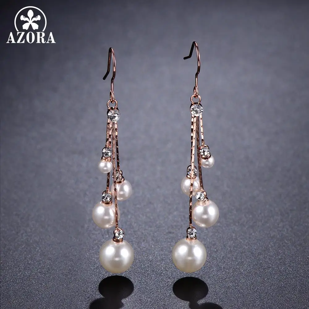 AZORA Women's Crystal Simulated Pearl Four Chain Bridal Long Dangle Hook Earrings Ivory Color Fashion Jewelry Accessories TE0343