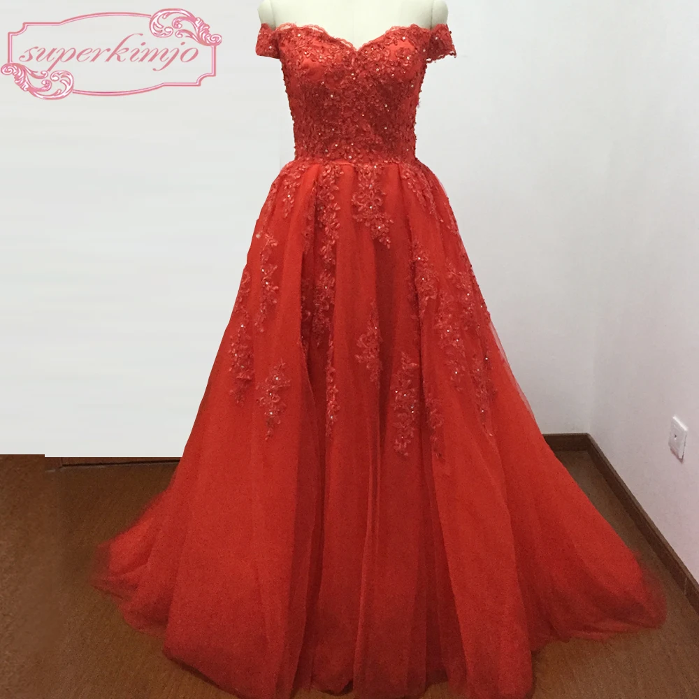 Actual Image Evening Gowns Sweetheart Neckline Off the Shoulder Lace Appliques Beading Sequins Red Evening Dress Real Picture