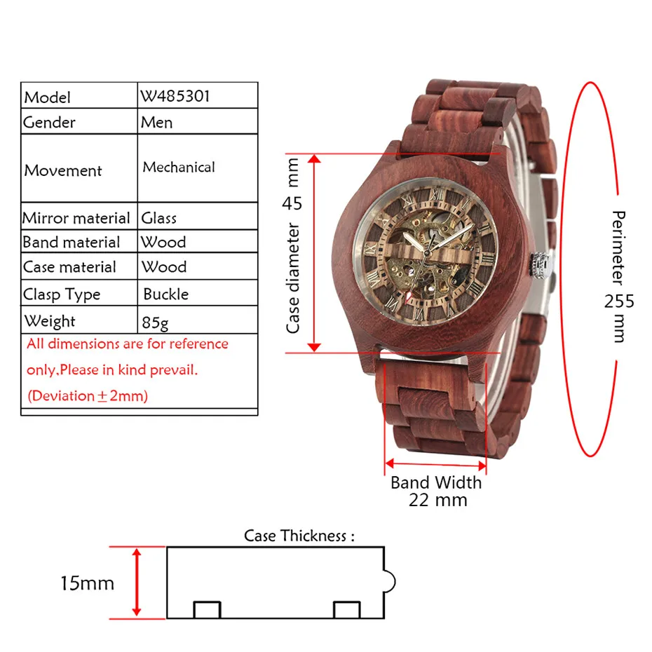 Luxury Red Wood Watch Mechanical Self Winding Wooden Watches Creative Unique Automatic Timepiece Men Watch reloj masculino