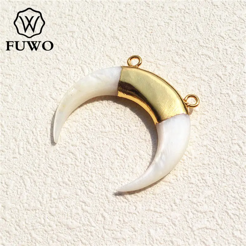 FUWO Wholesale Horn Shape Of White Shell Pendant,Golden Plated Crescent Jewelry Accessories For Necklace Making 5Pcs/Lot PD528